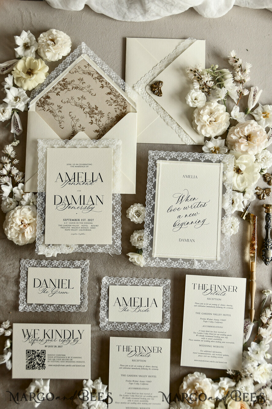 WEDDING INVITATIONS vintage lace/ rustic lace Personalized Golden Wedding invitations Vintage Lace Invites Ivory