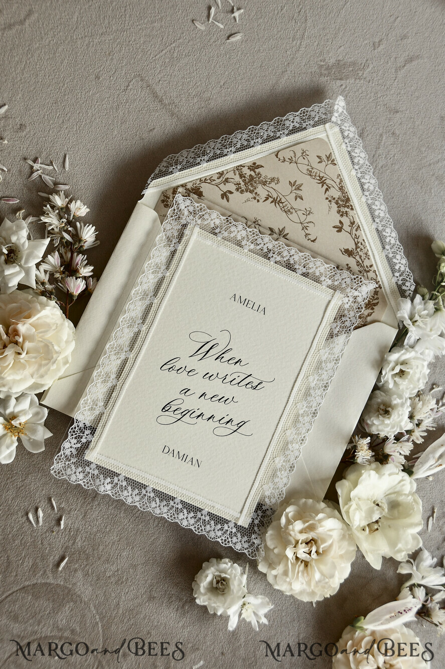 WEDDING INVITATIONS vintage lace/ rustic lace Personalized Golden Wedding invitations Vintage Lace Invites Ivory