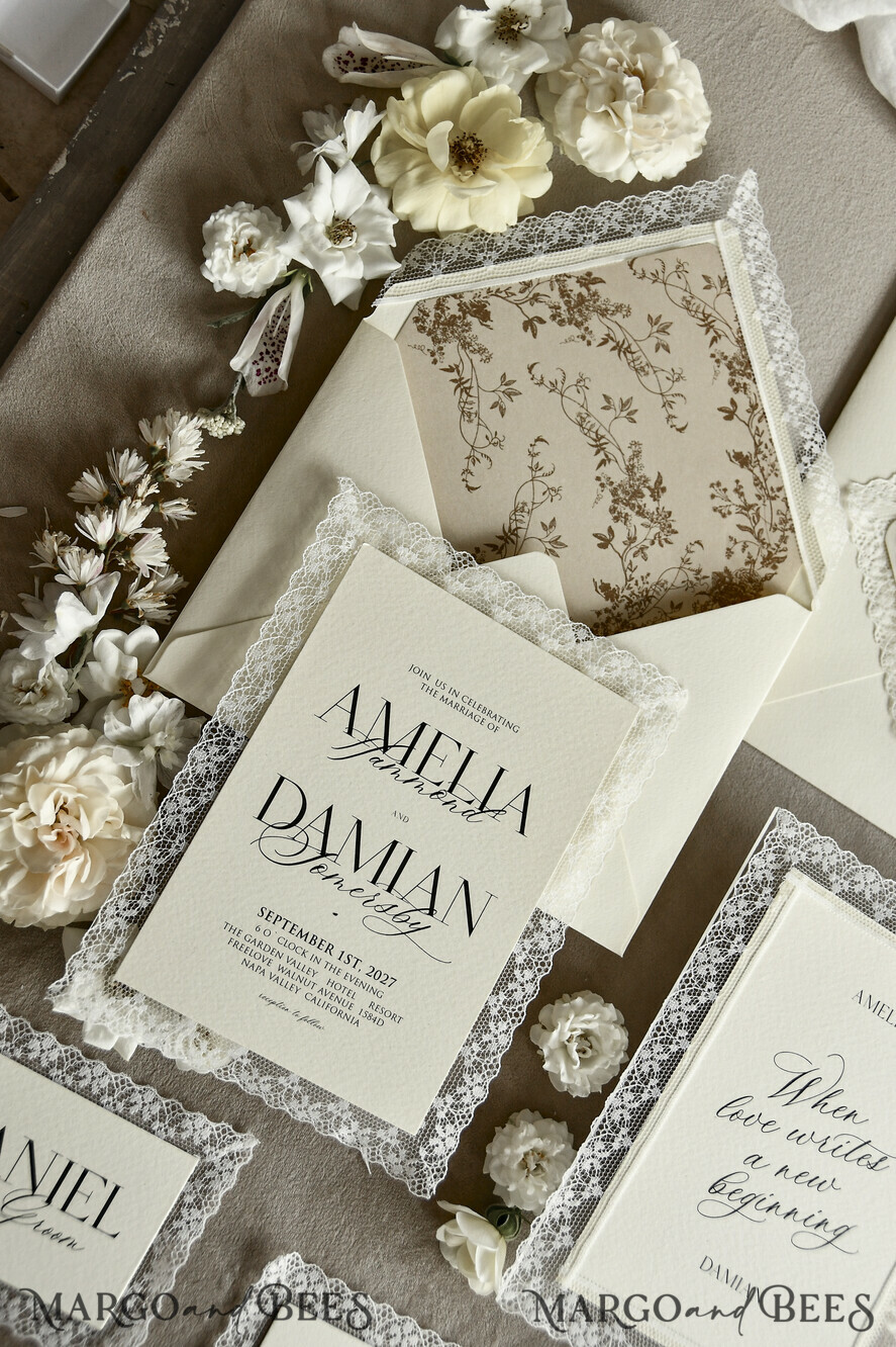 WEDDING INVITATIONS vintage lace/ rustic lace Personalized Golden Wedding invitations Vintage Lace Invites Ivory