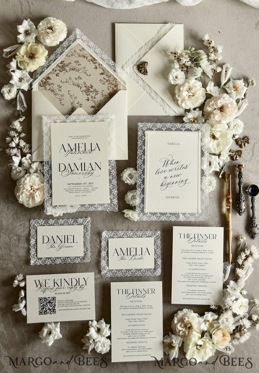 WEDDING INVITATIONS vintage lace/ rustic lace Personalized Golden Wedding invitations Vintage Lace Invites Ivory