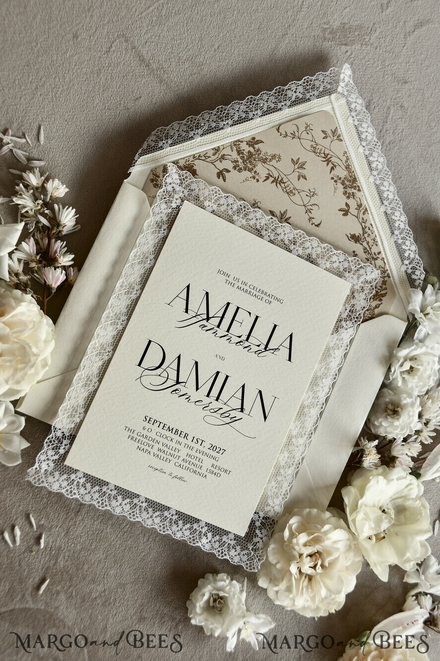WEDDING INVITATIONS vintage lace/ rustic lace Personalized Golden Wedding invitations Vintage Lace Invites Ivory