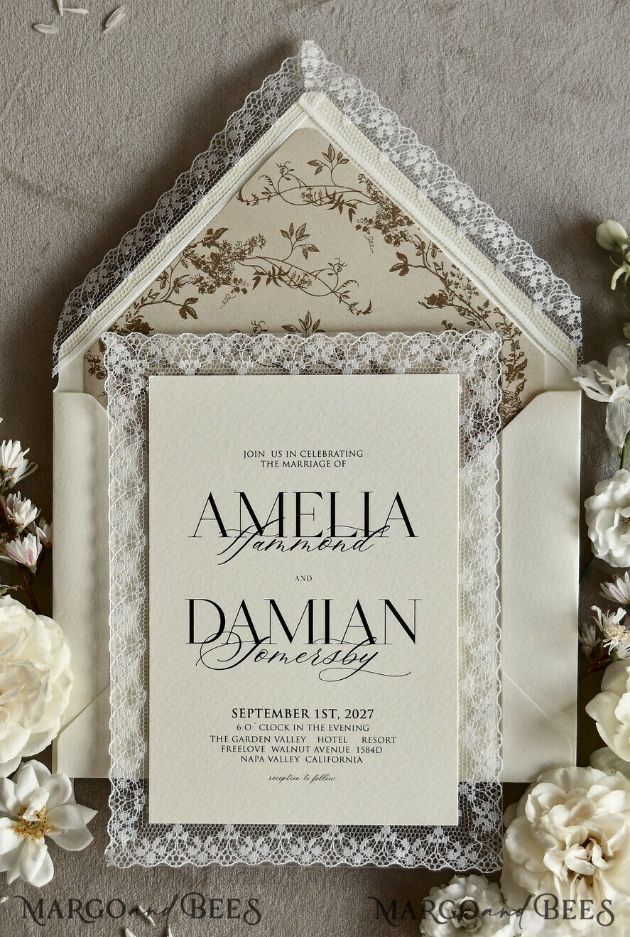 WEDDING INVITATIONS vintage lace/ rustic lace Personalized Golden Wedding invitations Vintage Lace Invites Ivory