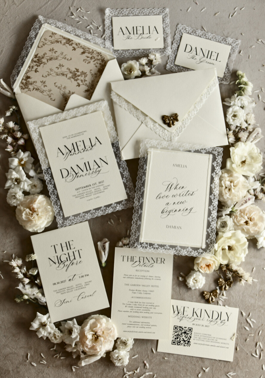 WEDDING INVITATIONS vintage lace/ rustic lace Personalized Golden Wedding invitations Vintage Lace Invites Ivory