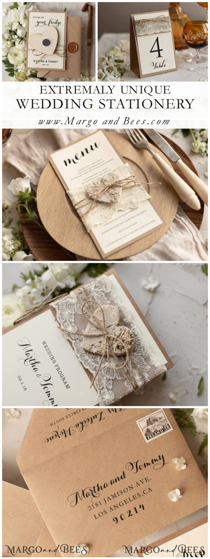 PERSONALISED RUSTIC GREY LACE WEDDING INVITATIONS PACKS OF 10 