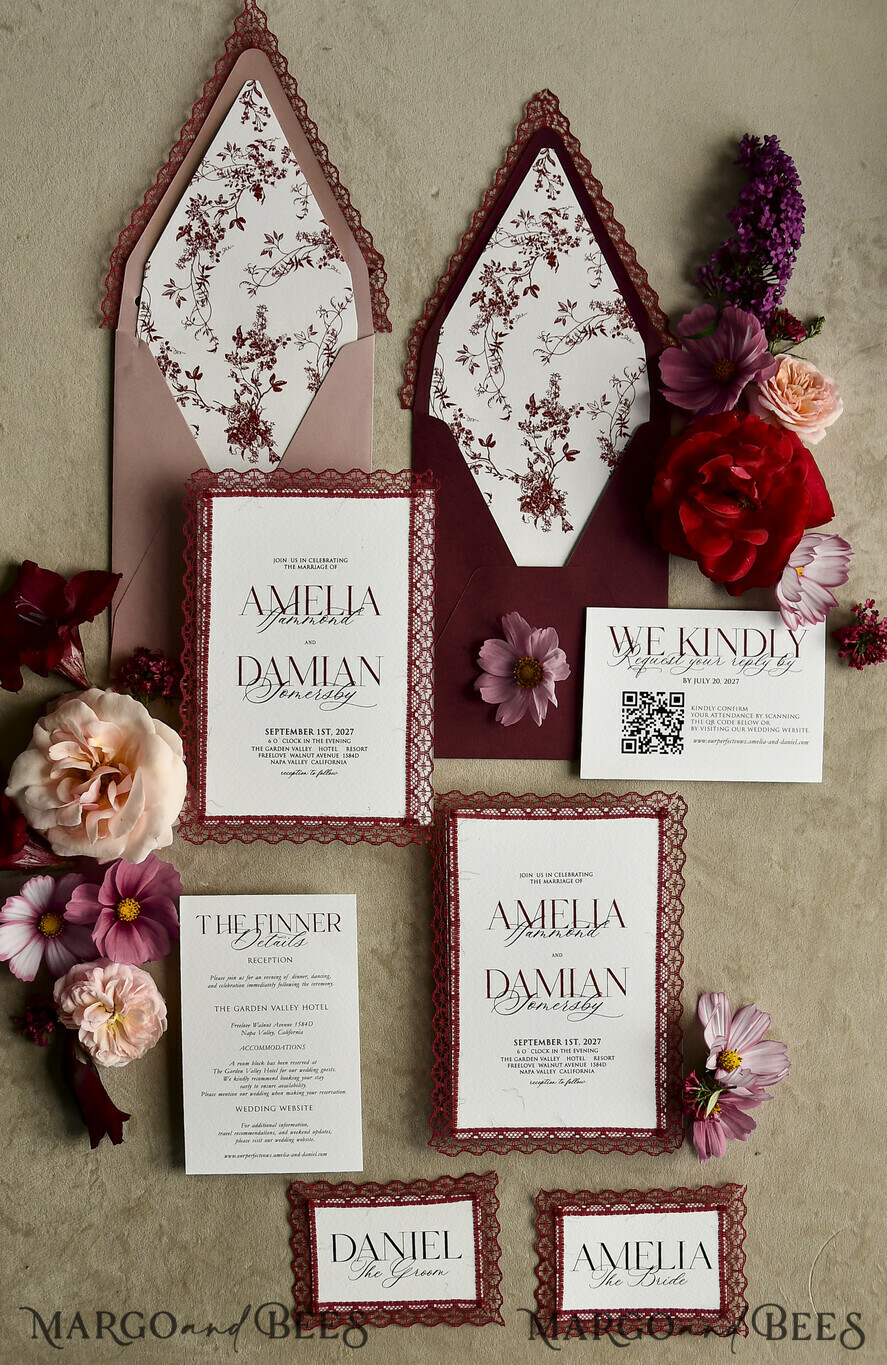 WEDDING INVITATIONS vintage lace/ rustic lace Personalized Golden Wedding invitations Vintage Lace Invites Ivory