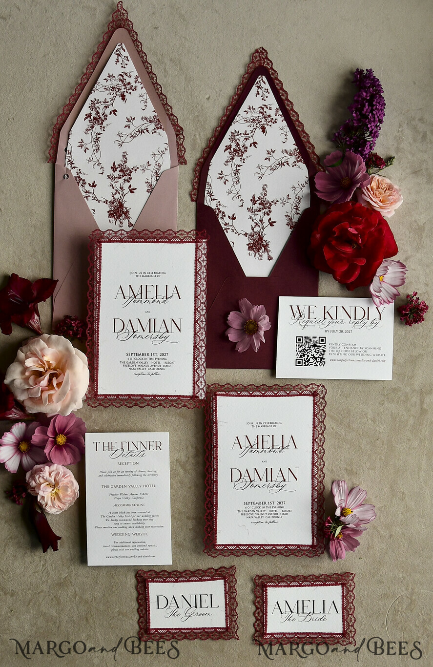 WEDDING INVITATIONS vintage lace/ rustic lace Personalized Golden Wedding invitations Vintage Lace Invites Ivory