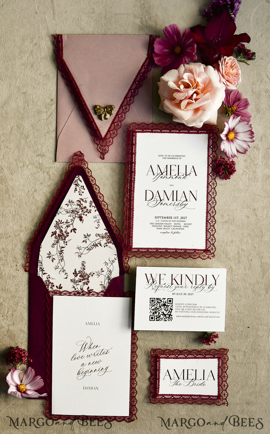WEDDING INVITATIONS vintage lace/ rustic lace Personalized Golden Wedding invitations Vintage Lace Invites Ivory