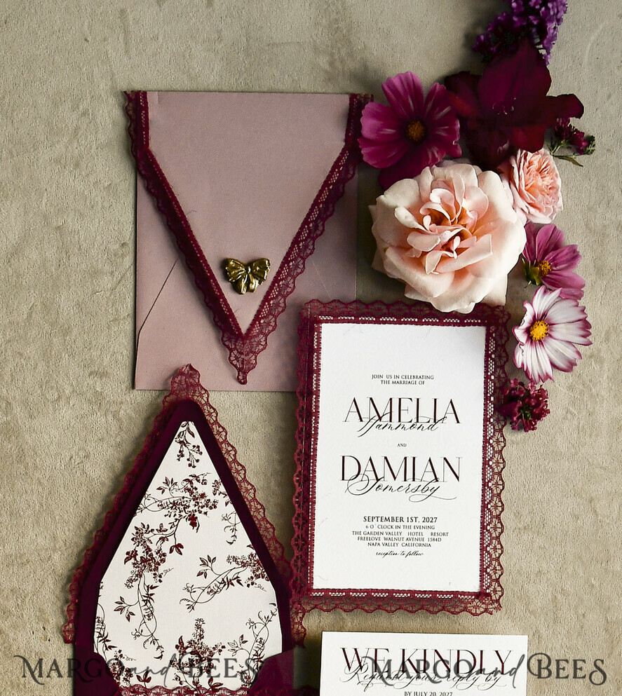 WEDDING INVITATIONS vintage lace/ rustic lace Personalized Golden Wedding invitations Vintage Lace Invites Ivory
