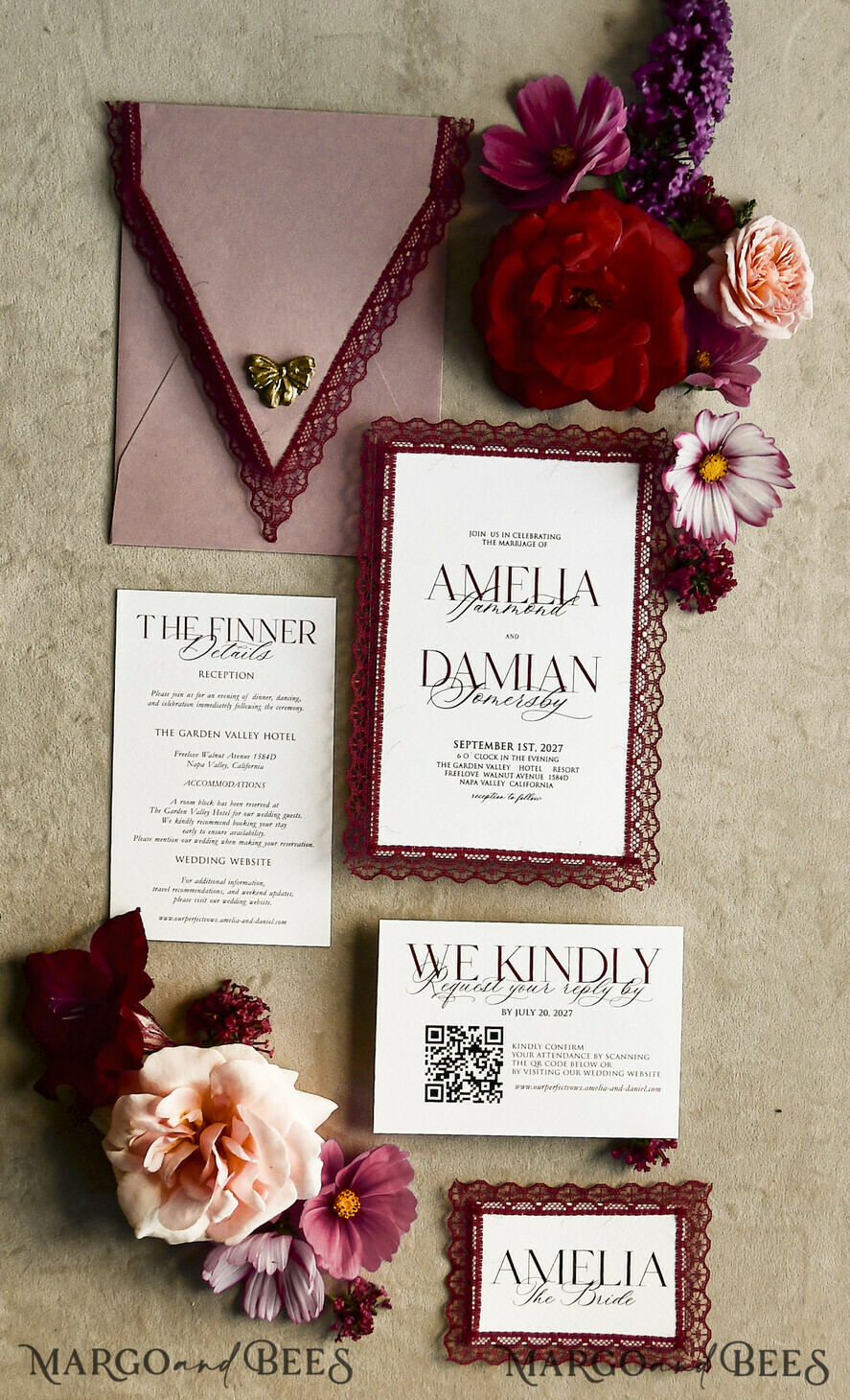 WEDDING INVITATIONS vintage lace/ rustic lace Personalized Golden Wedding invitations Vintage Lace Invites Ivory