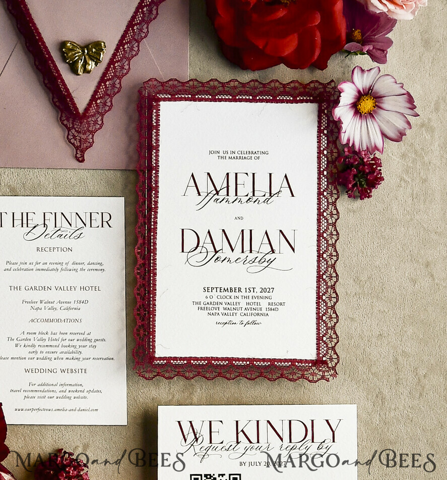 WEDDING INVITATIONS vintage lace/ rustic lace Personalized Golden Wedding invitations Vintage Lace Invites Ivory