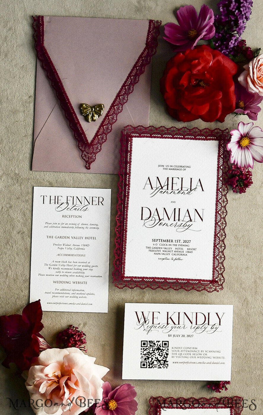 WEDDING INVITATIONS vintage lace/ rustic lace Personalized Golden Wedding invitations Vintage Lace Invites Ivory