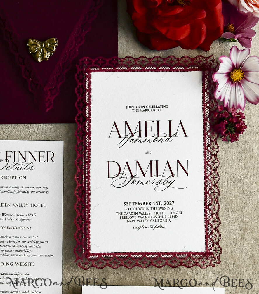 WEDDING INVITATIONS vintage lace/ rustic lace Personalized Golden Wedding invitations Vintage Lace Invites Ivory