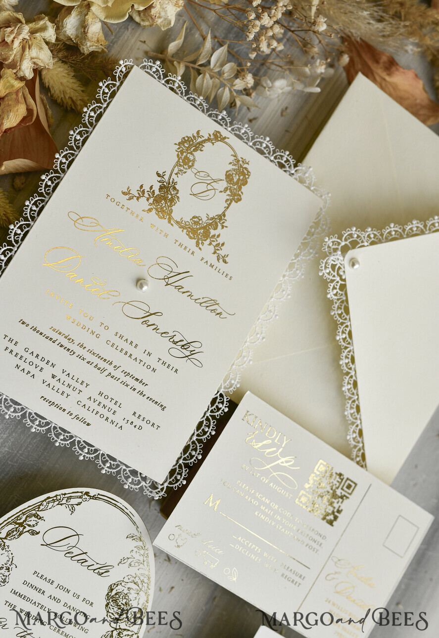 WEDDING INVITATIONS vintage lace/ rustic lace Personalized Golden Wedding invitations Vintage Lace Invites Ivory