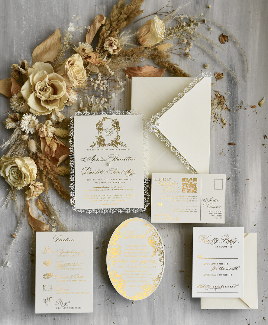 WEDDING INVITATIONS vintage lace/ rustic lace Personalized Golden Wedding invitations Vintage Lace Invites Ivory