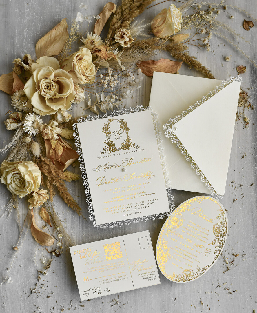 WEDDING INVITATIONS vintage lace/ rustic lace Personalized Golden Wedding invitations Vintage Lace Invites Ivory