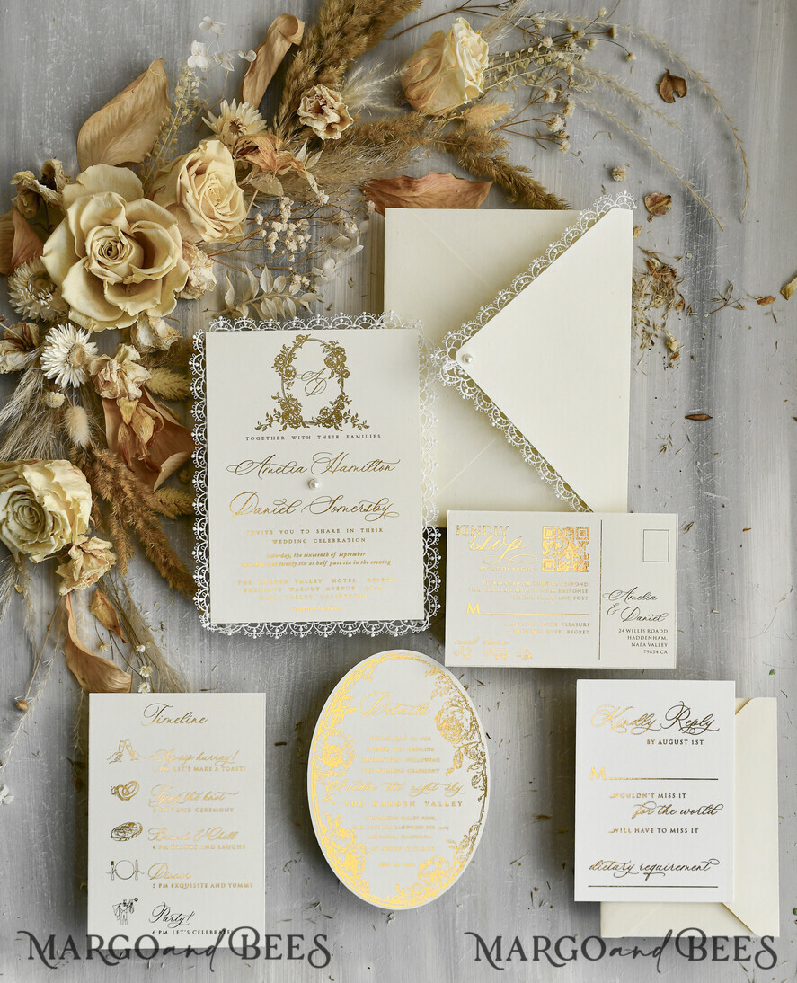 WEDDING INVITATIONS vintage lace/ rustic lace Personalized Golden Wedding invitations Vintage Lace Invites Ivory