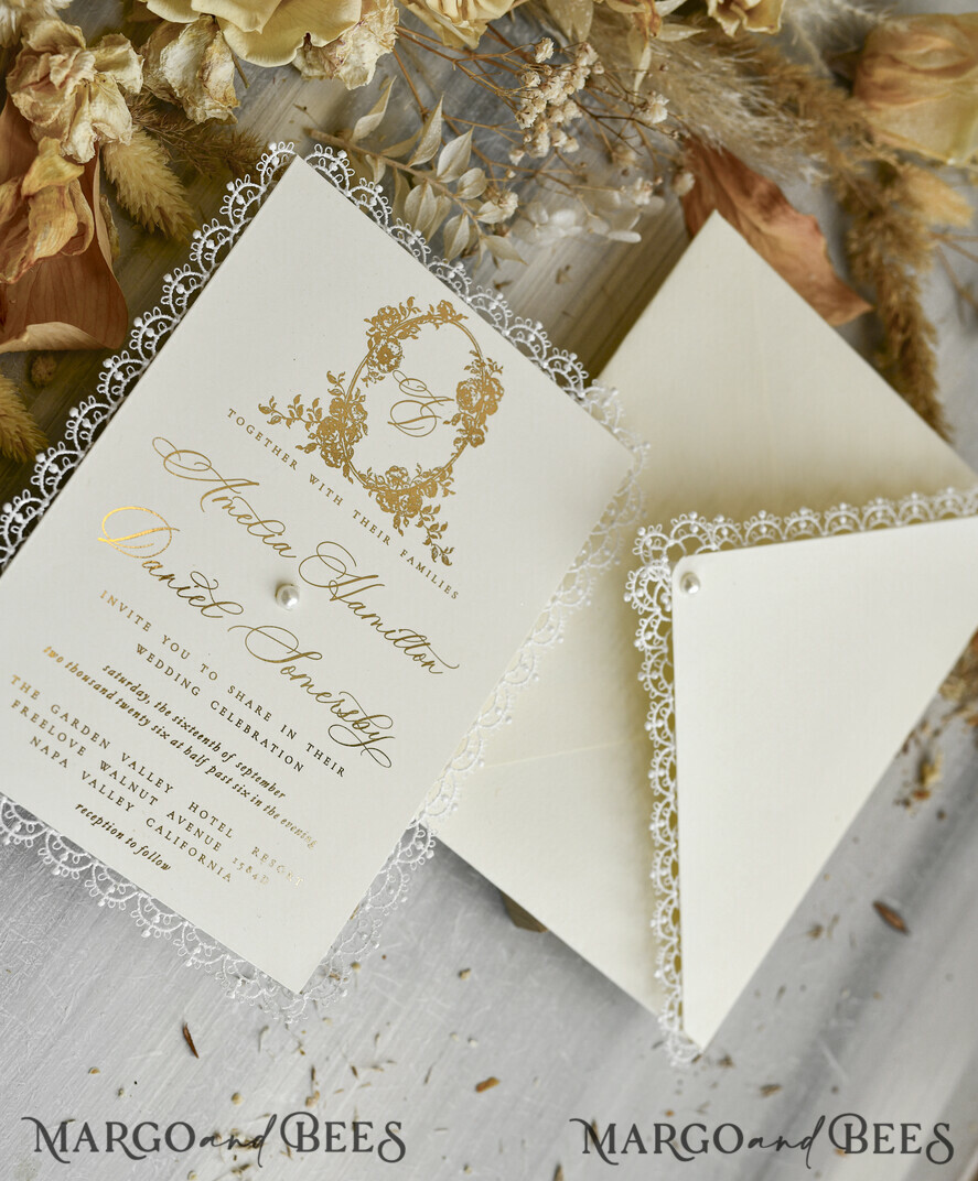 WEDDING INVITATIONS vintage lace/ rustic lace Personalized Golden Wedding invitations Vintage Lace Invites Ivory