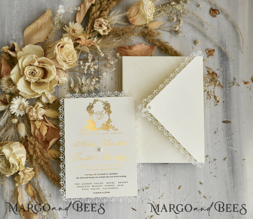 WEDDING INVITATIONS vintage lace/ rustic lace Personalized Golden Wedding invitations Vintage Lace Invites Ivory