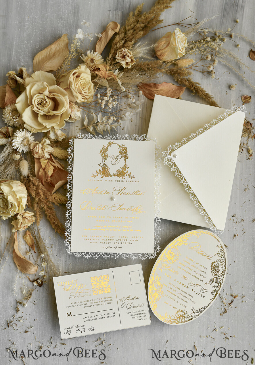 WEDDING INVITATIONS vintage lace/ rustic lace Personalized Golden Wedding invitations Vintage Lace Invites Ivory
