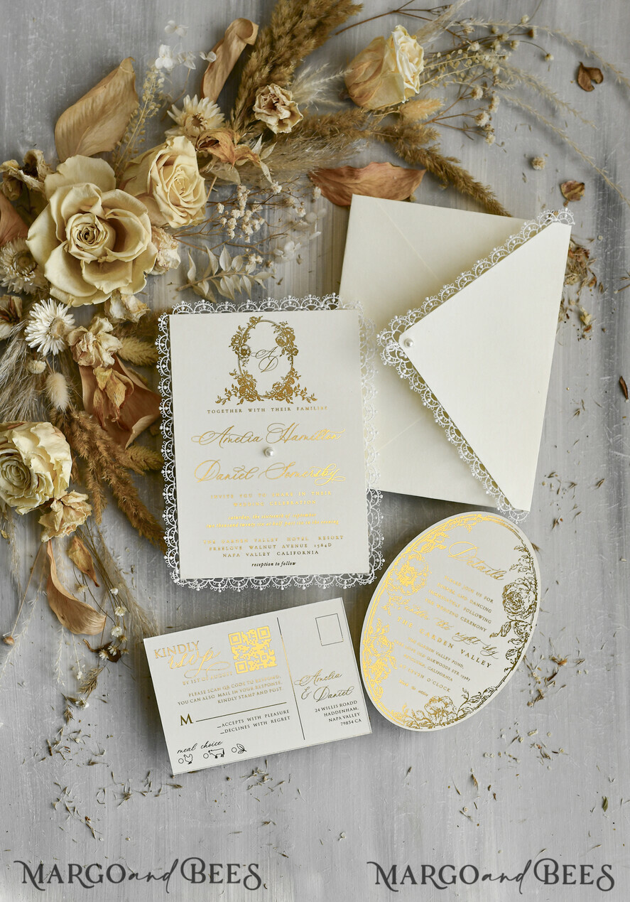 WEDDING INVITATIONS vintage lace/ rustic lace Personalized Golden Wedding invitations Vintage Lace Invites Ivory