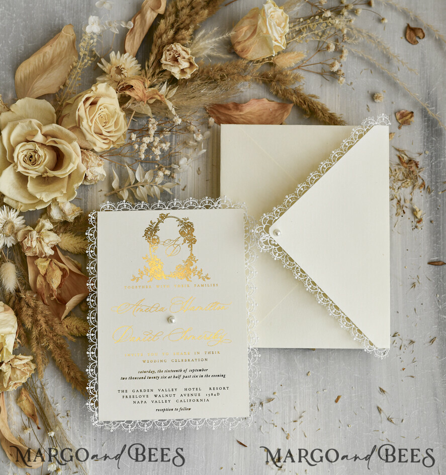 WEDDING INVITATIONS vintage lace/ rustic lace Personalized Golden Wedding invitations Vintage Lace Invites Ivory