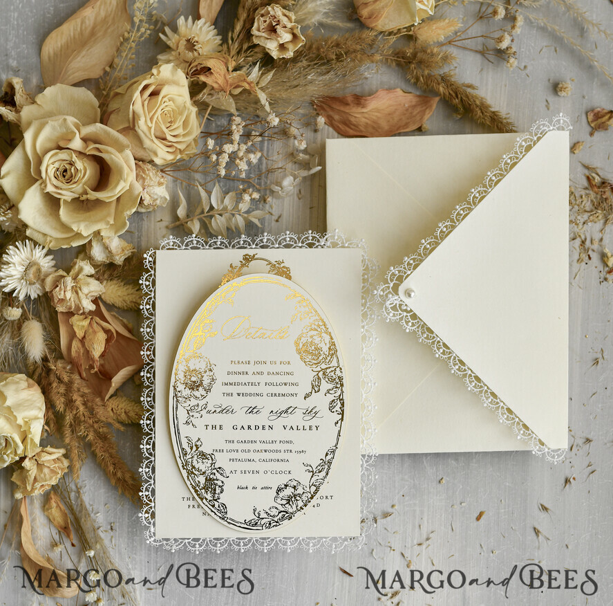 WEDDING INVITATIONS vintage lace/ rustic lace Personalized Golden Wedding invitations Vintage Lace Invites Ivory