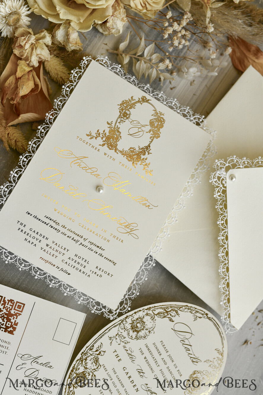 WEDDING INVITATIONS vintage lace/ rustic lace Personalized Golden Wedding invitations Vintage Lace Invites Ivory