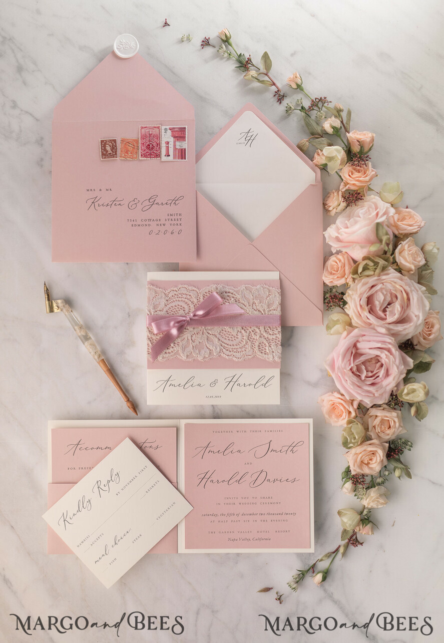 Pretty Pink Lace Day or Evening Personalised Wedding Invitations with RSVP 