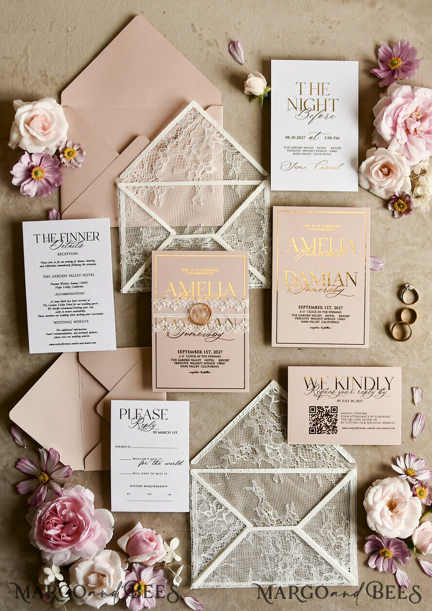 HOCHZEITS EINLADUNGEN vintage Spitze / rustikale Spitze Schnürsenkel-Hochzeitseinladungen mit doppeltem Umschlag Blush & Gold Hochzeitseinladungsset