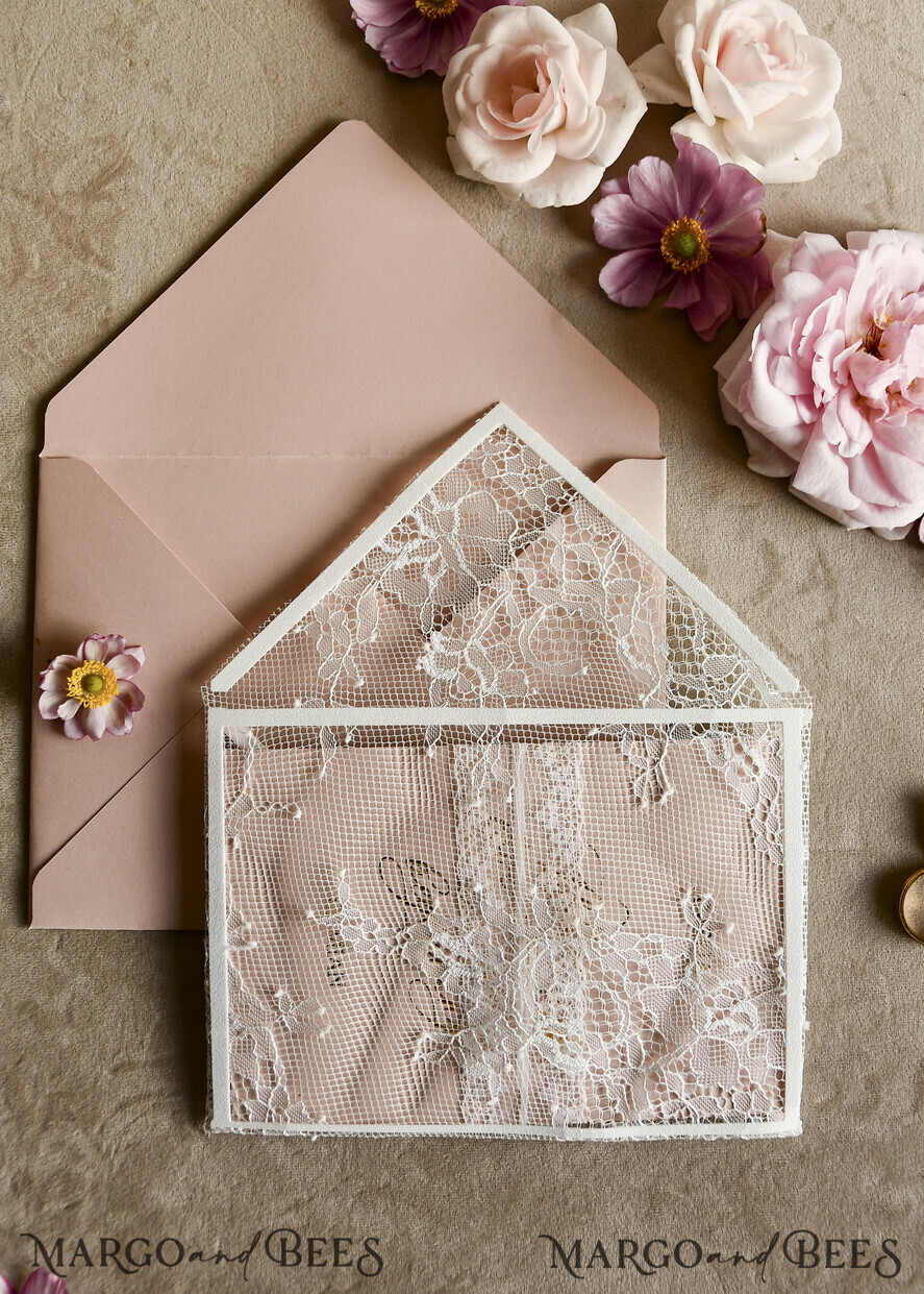 HOCHZEITS EINLADUNGEN vintage Spitze / rustikale Spitze Schnürsenkel-Hochzeitseinladungen mit doppeltem Umschlag Blush & Gold Hochzeitseinladungsset