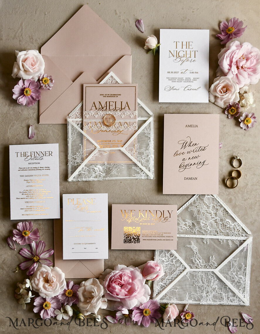 HOCHZEITS EINLADUNGEN vintage Spitze / rustikale Spitze Schnürsenkel-Hochzeitseinladungen mit doppeltem Umschlag Blush & Gold Hochzeitseinladungsset