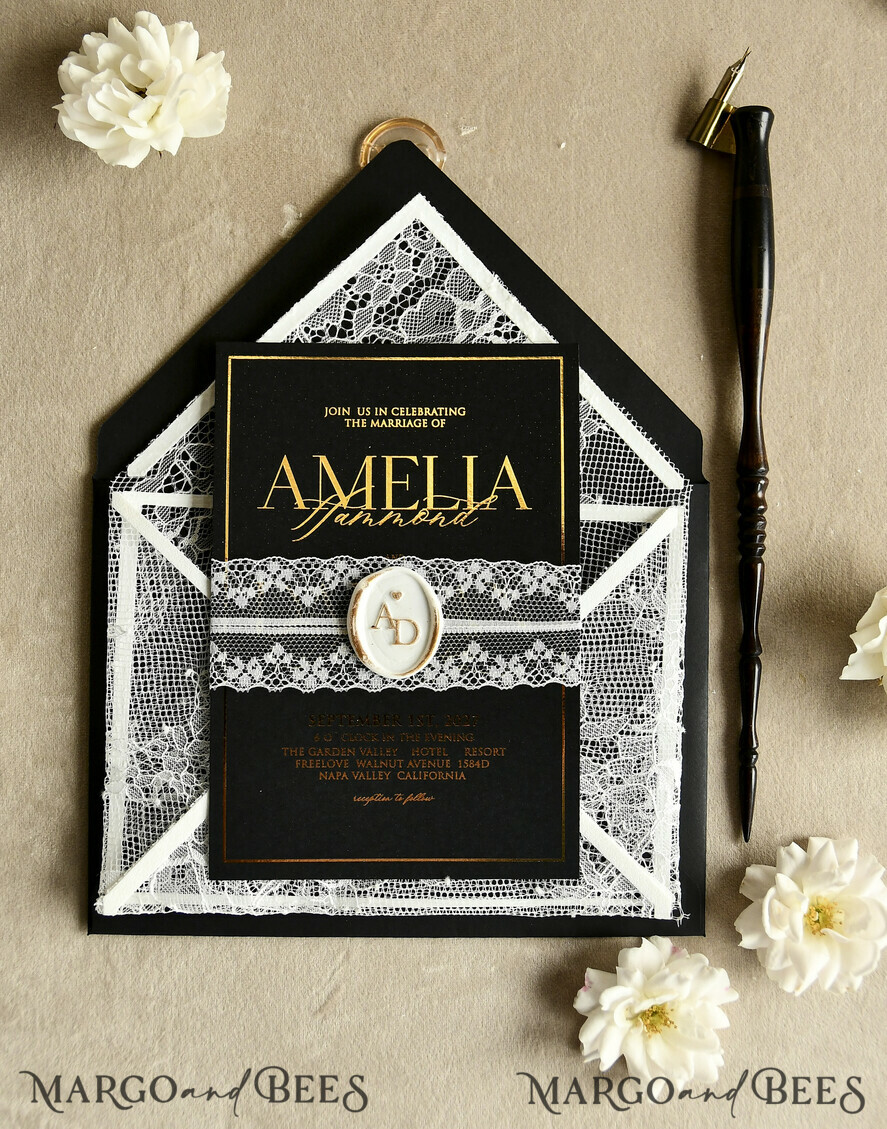 WEDDING INVITATIONS vintage lace/ rustic lace Luxury French Lace Wedding Invitations with Double Envelope Black & Gold Wedding Invitation Suite