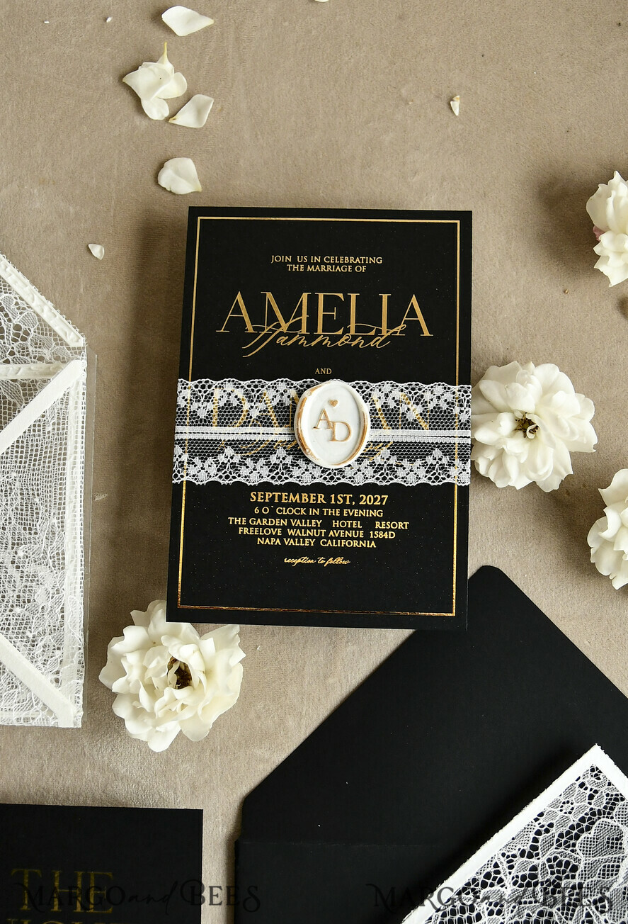 WEDDING INVITATIONS vintage lace/ rustic lace Luxury French Lace Wedding Invitations with Double Envelope Black & Gold Wedding Invitation Suite