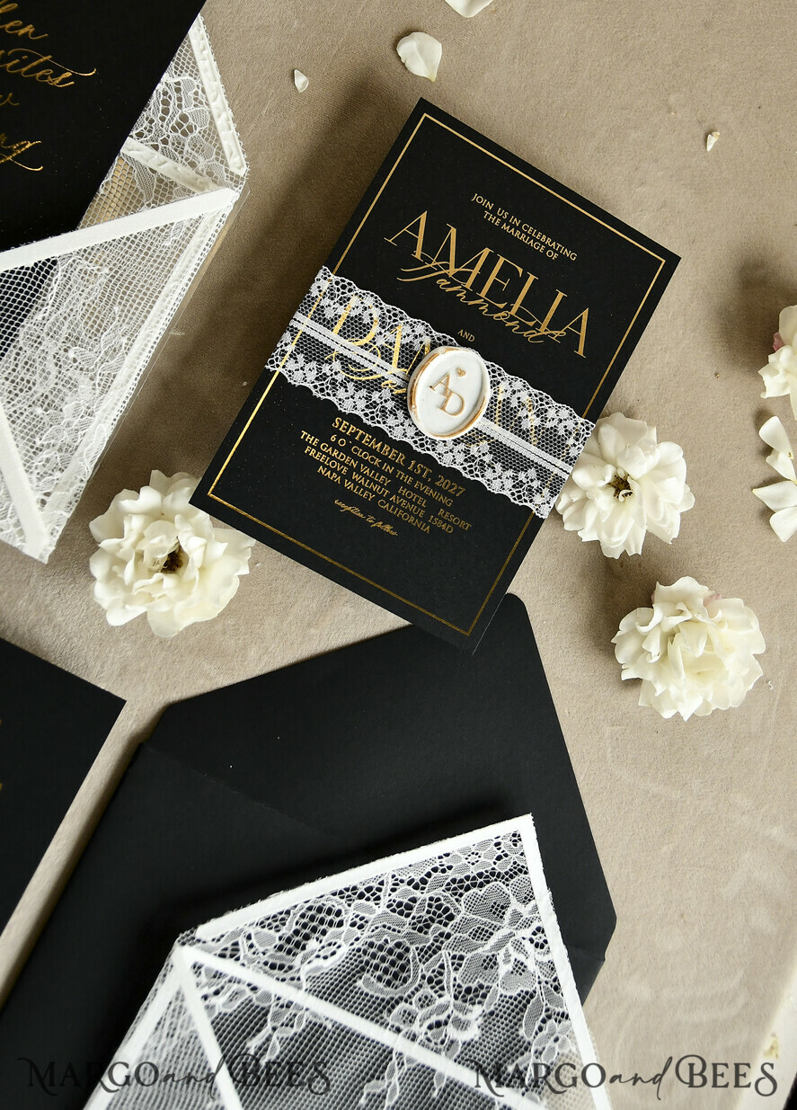WEDDING INVITATIONS vintage lace/ rustic lace Luxury French Lace Wedding Invitations with Double Envelope Black & Gold Wedding Invitation Suite