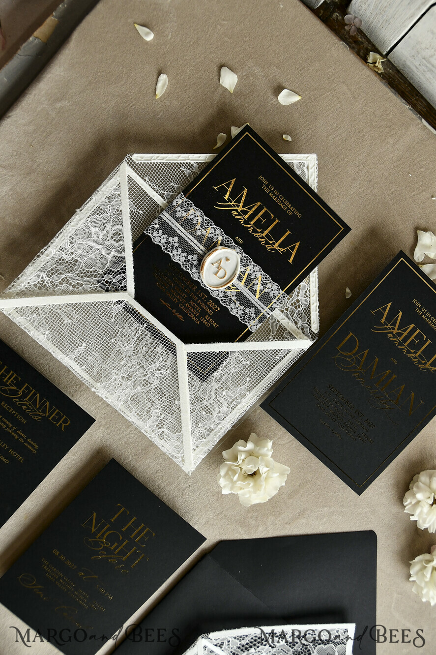 WEDDING INVITATIONS vintage lace/ rustic lace Luxury French Lace Wedding Invitations with Double Envelope Black & Gold Wedding Invitation Suite