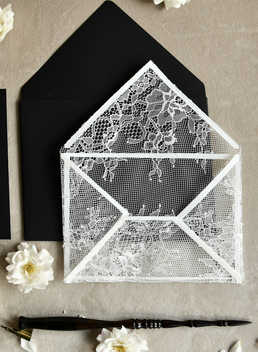 WEDDING INVITATIONS vintage lace/ rustic lace Luxury French Lace Wedding Invitations with Double Envelope Black & Gold Wedding Invitation Suite
