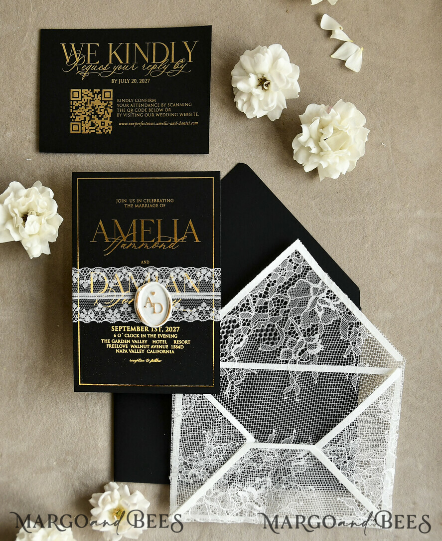 WEDDING INVITATIONS vintage lace/ rustic lace Luxury French Lace Wedding Invitations with Double Envelope Black & Gold Wedding Invitation Suite