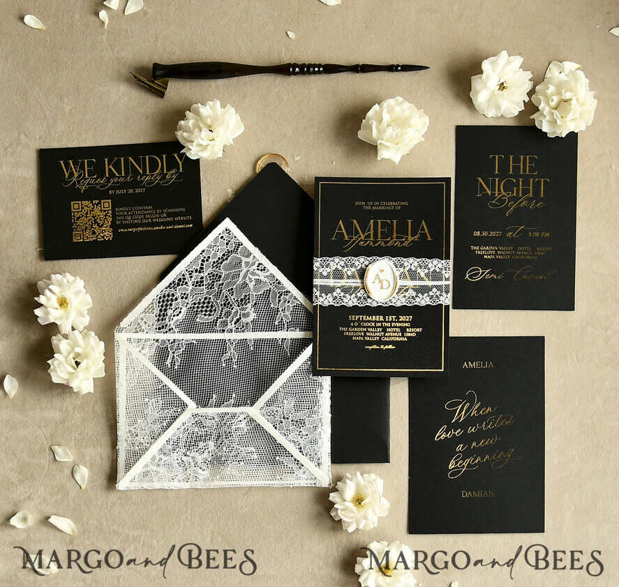 WEDDING INVITATIONS vintage lace/ rustic lace Luxury French Lace Wedding Invitations with Double Envelope Black & Gold Wedding Invitation Suite