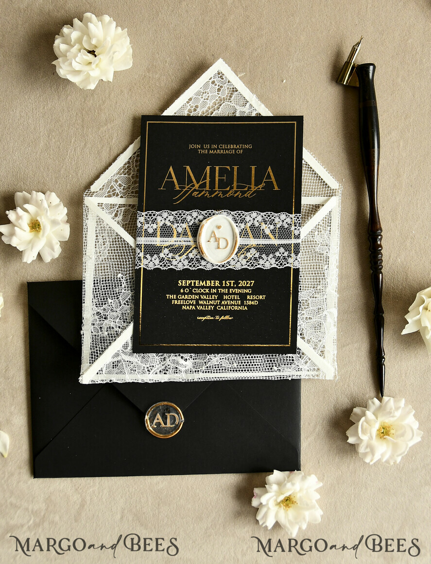 WEDDING INVITATIONS vintage lace/ rustic lace Luxury French Lace Wedding Invitations with Double Envelope Black & Gold Wedding Invitation Suite