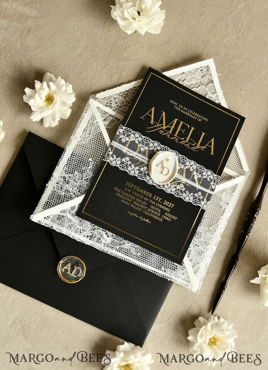 WEDDING INVITATIONS vintage lace/ rustic lace Luxury French Lace Wedding Invitations with Double Envelope Black & Gold Wedding Invitation Suite