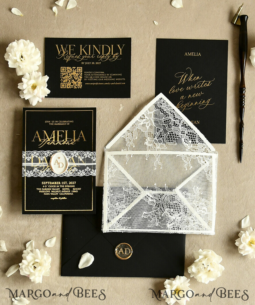 WEDDING INVITATIONS vintage lace/ rustic lace Luxury French Lace Wedding Invitations with Double Envelope Black & Gold Wedding Invitation Suite