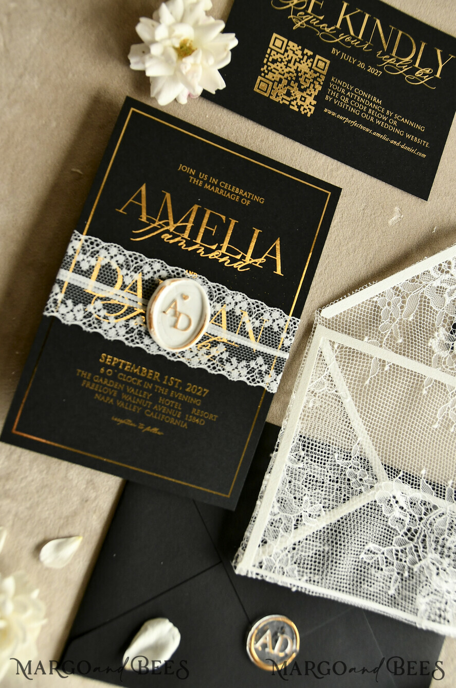WEDDING INVITATIONS vintage lace/ rustic lace Luxury French Lace Wedding Invitations with Double Envelope Black & Gold Wedding Invitation Suite