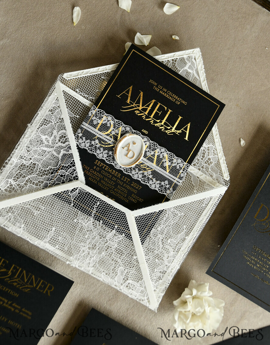 WEDDING INVITATIONS vintage lace/ rustic lace Luxury French Lace Wedding Invitations with Double Envelope Black & Gold Wedding Invitation Suite