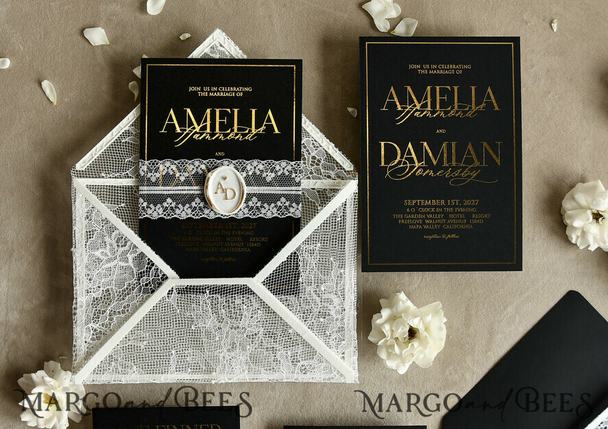 WEDDING INVITATIONS vintage lace/ rustic lace Luxury French Lace Wedding Invitations with Double Envelope Black & Gold Wedding Invitation Suite
