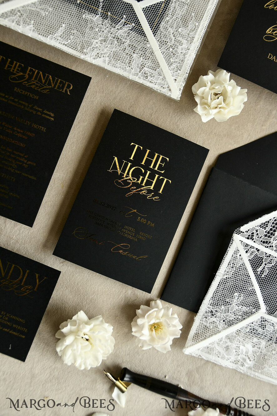 WEDDING INVITATIONS vintage lace/ rustic lace Luxury French Lace Wedding Invitations with Double Envelope Black & Gold Wedding Invitation Suite