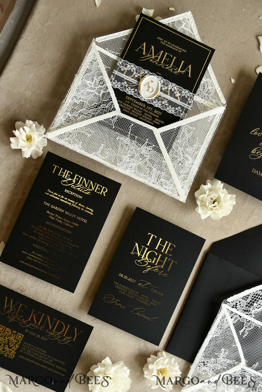 WEDDING INVITATIONS vintage lace/ rustic lace Luxury French Lace Wedding Invitations with Double Envelope Black & Gold Wedding Invitation Suite