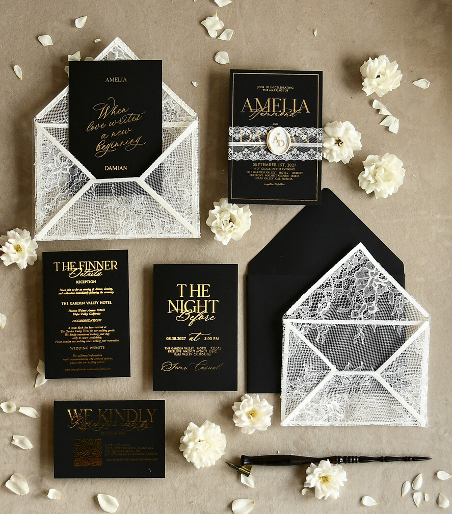 WEDDING INVITATIONS vintage lace/ rustic lace Luxury French Lace Wedding Invitations with Double Envelope Black & Gold Wedding Invitation Suite