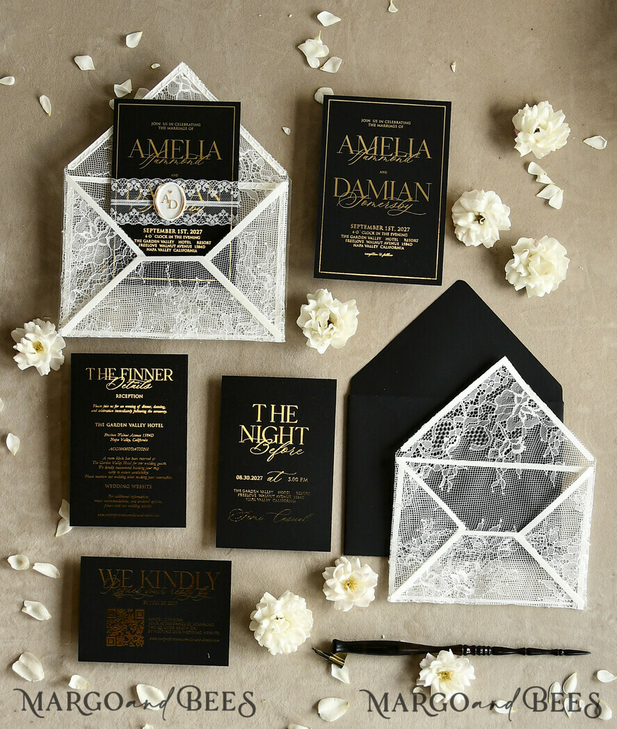 WEDDING INVITATIONS vintage lace/ rustic lace Luxury French Lace Wedding Invitations with Double Envelope Black & Gold Wedding Invitation Suite