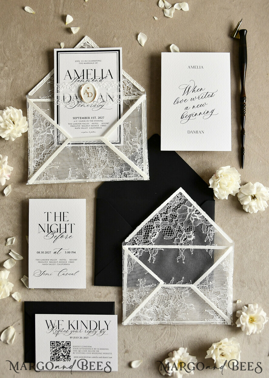 WEDDING INVITATIONS vintage lace/ rustic lace Luxury French Lace Wedding Invitations with Double Envelope | Elegant Black & Ivory Wedding Invitation Suite