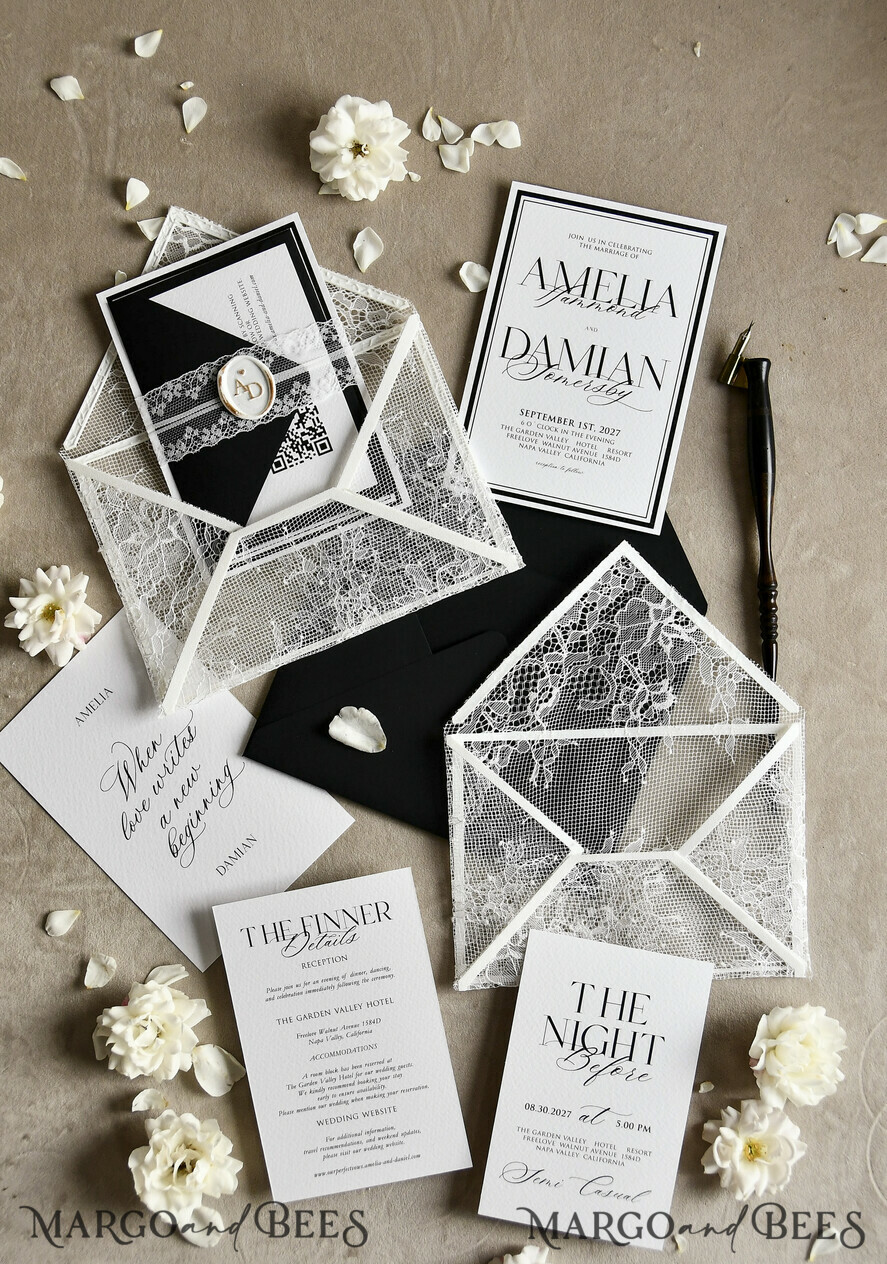 WEDDING INVITATIONS vintage lace/ rustic lace Luxury French Lace Wedding Invitations with Double Envelope | Elegant Black & Ivory Wedding Invitation Suite